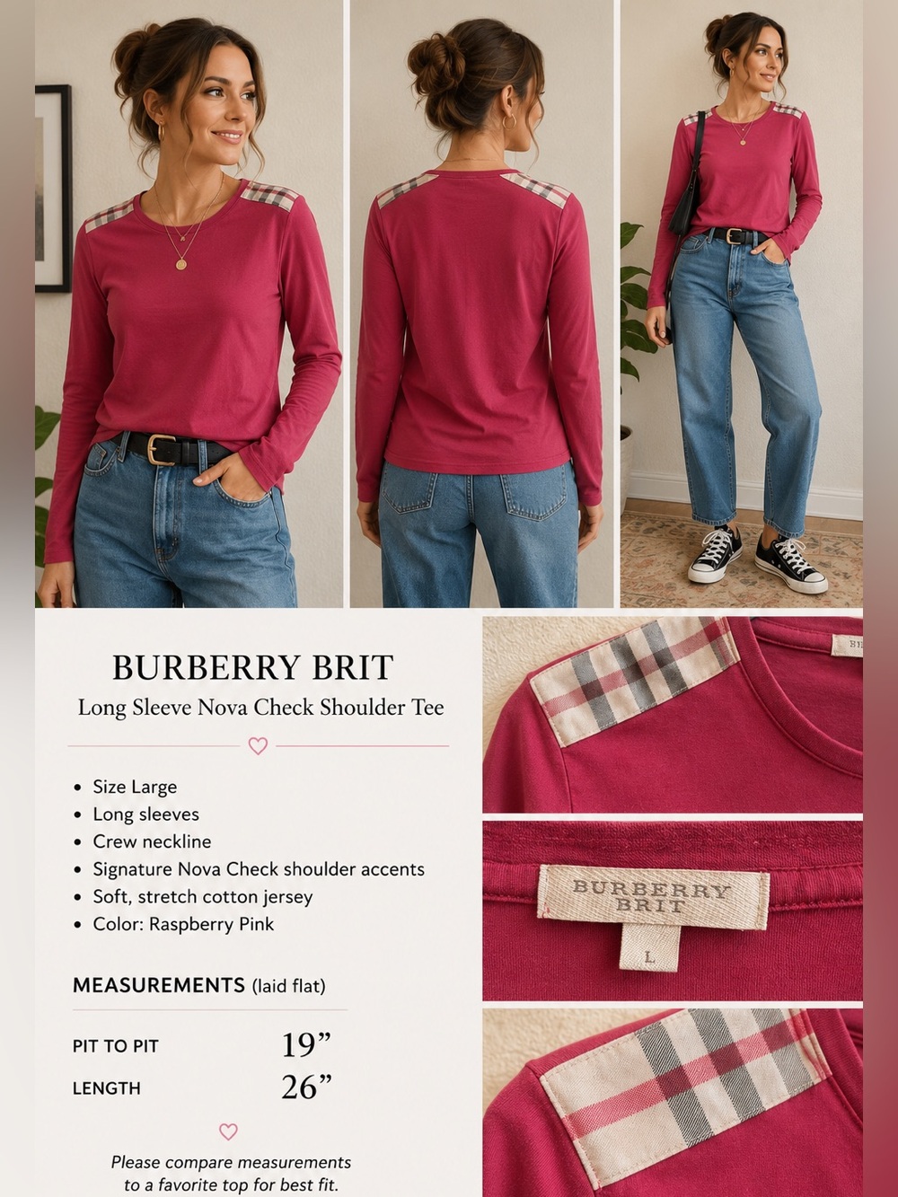 Burberry Brit Long Sleeve Nova Check Shoulder Tee Pink Size Large